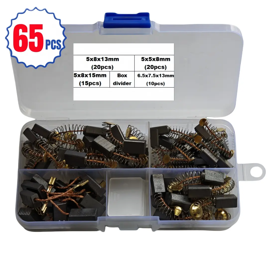 65pcs Carbon Brush Set, Tool Accessories, Fits mini drills, grinders & rotary tools, Includes 5x5x8mm, 5x8x13mm, 6.5x7.5x13mm brushes, Compatible with angle grinders, polishers & power tools, Brass carbon brushes for motor/grinding head replacement