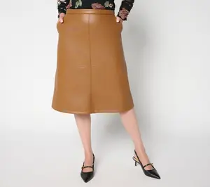 QVC Women's Petite Faux Leather A-Line Midi Skirt