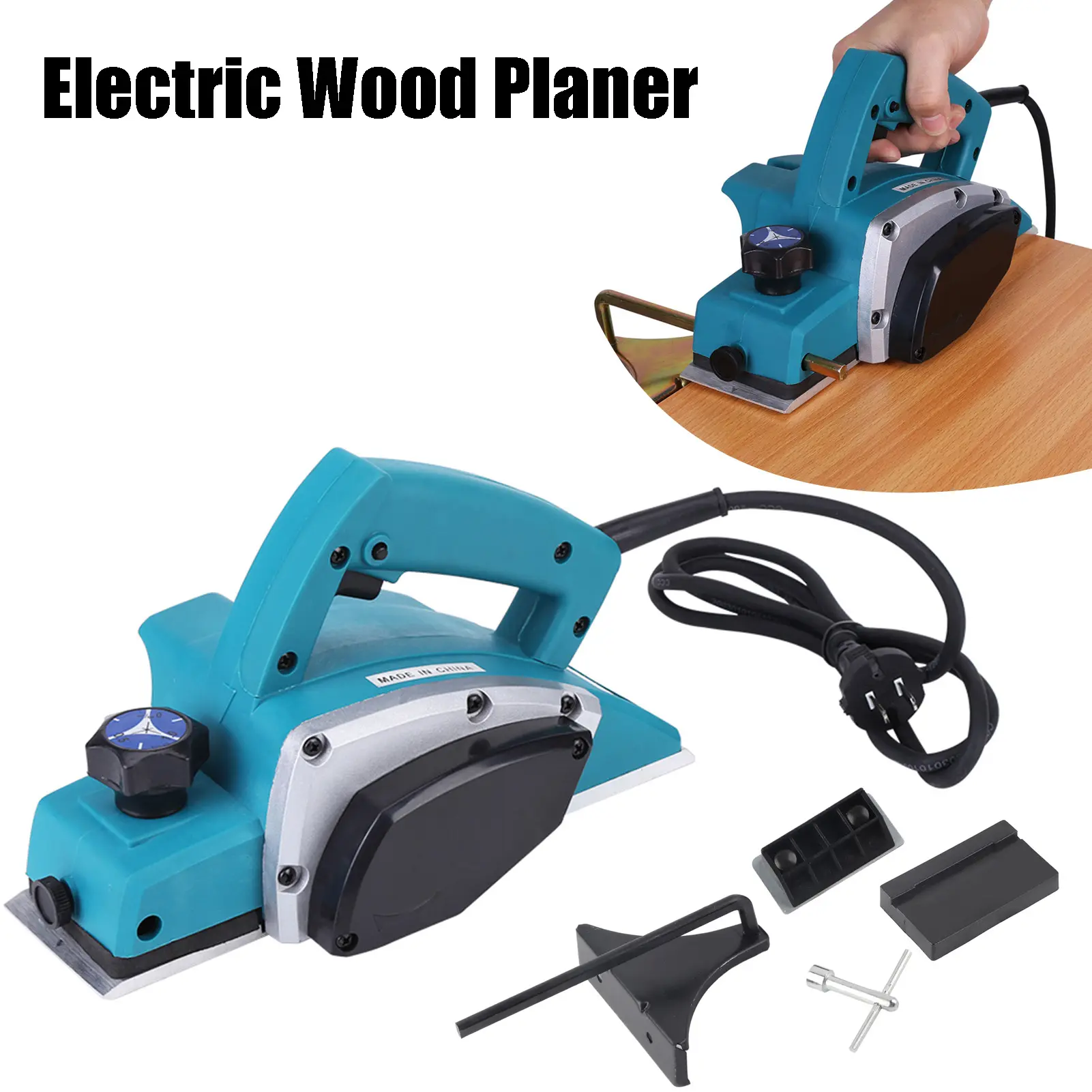 Portable Electric Wood Planer - 800W 110V Copper Handheld Woodworking Power Tool, 13000-16000rpm, Self-Lock Switch, Contoured Top Handle, Aluminum Base, Socket Spanner for Home Furniture Smooth Finish Flat Surfaces (inches-compatible), 200 W & Above