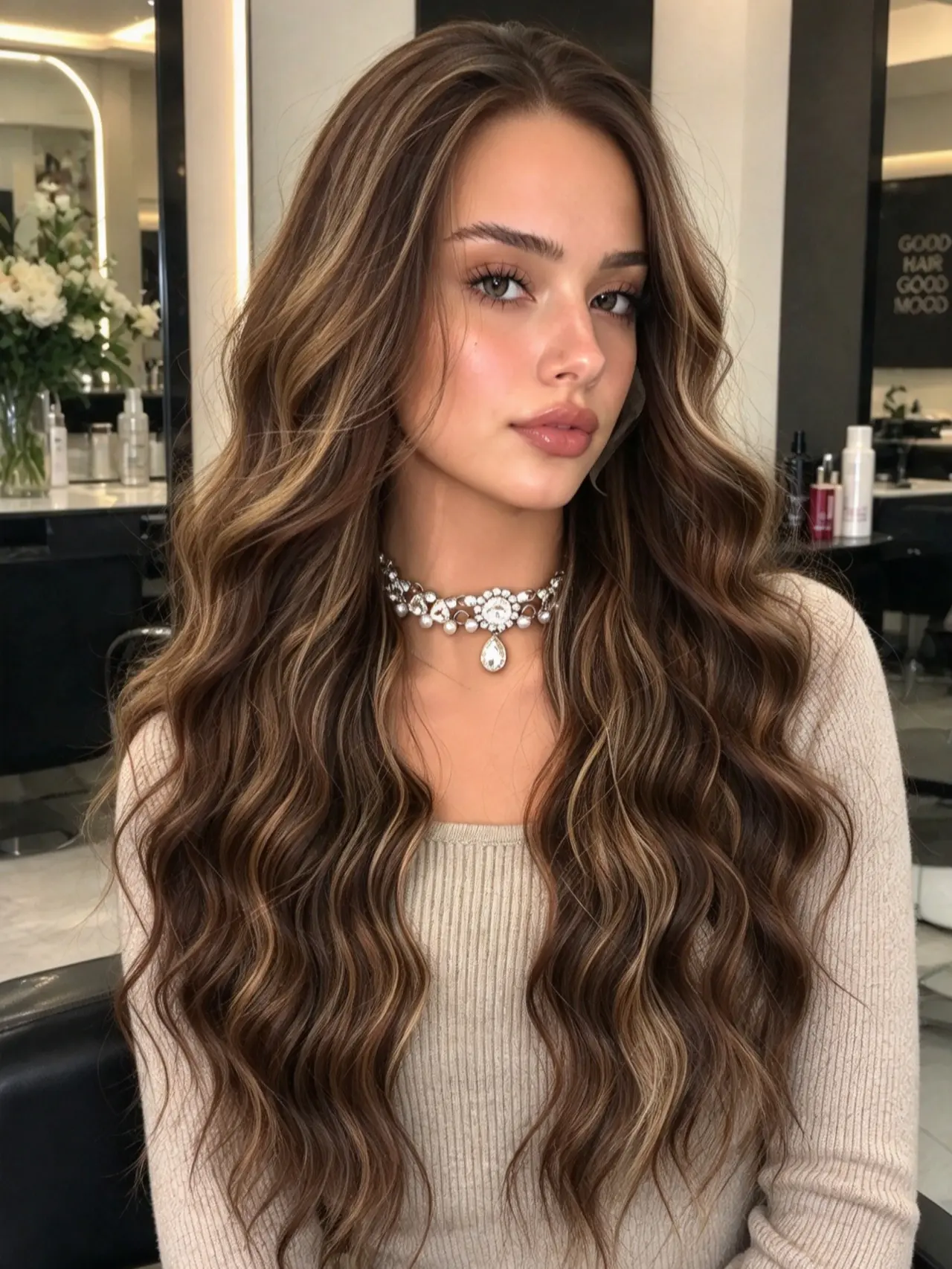 Ash Blonde Wig with Chocolate Brown Highlights Loose Wave Synthetic Lace Front Wigs Glueless 13x6 Free Parting Lace Wig Pre Plucked Natual Hairline 24 Inch Long Wavy Synthetic Wigs with Brown Roots for Women