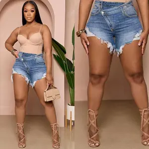 New Style High-Waisted Ripped Stretchy Denim Shorts for Women - Summer Casual Distressed Shorts with Comfortable Fit and Stylish Design - Perfect for Outdoor Activities Womenswear Bottom Gradient Light Blue jean shorts