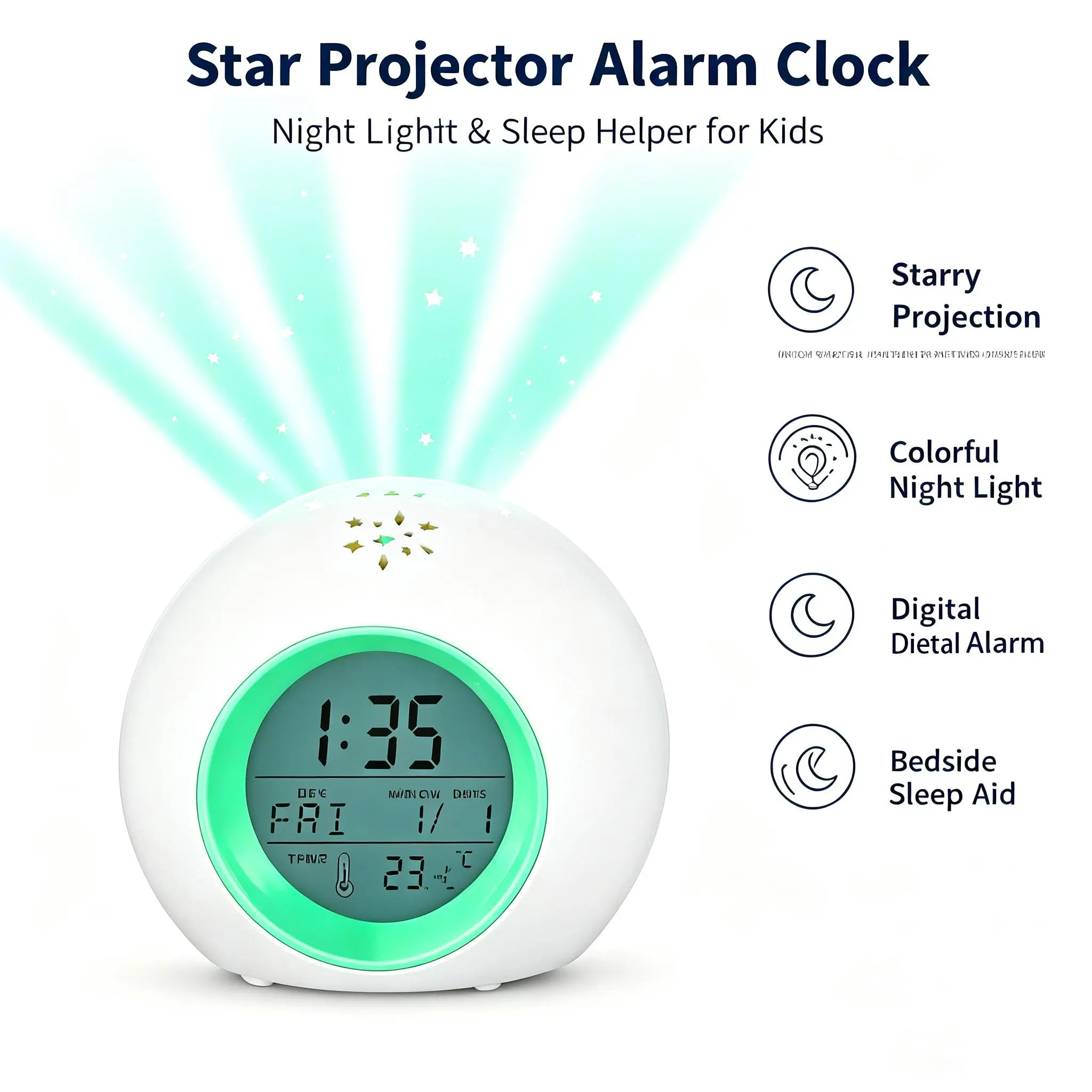 Tarklanda Kids' Digital Alarm Clock - High-Quality ABS, Moon Stars Projector, 7-Color Luminous Night Light, Snooze Touch Control, Temperature Display, Room Decoration, Alarm for Waking Up, Birthday Gift for Boys Girls