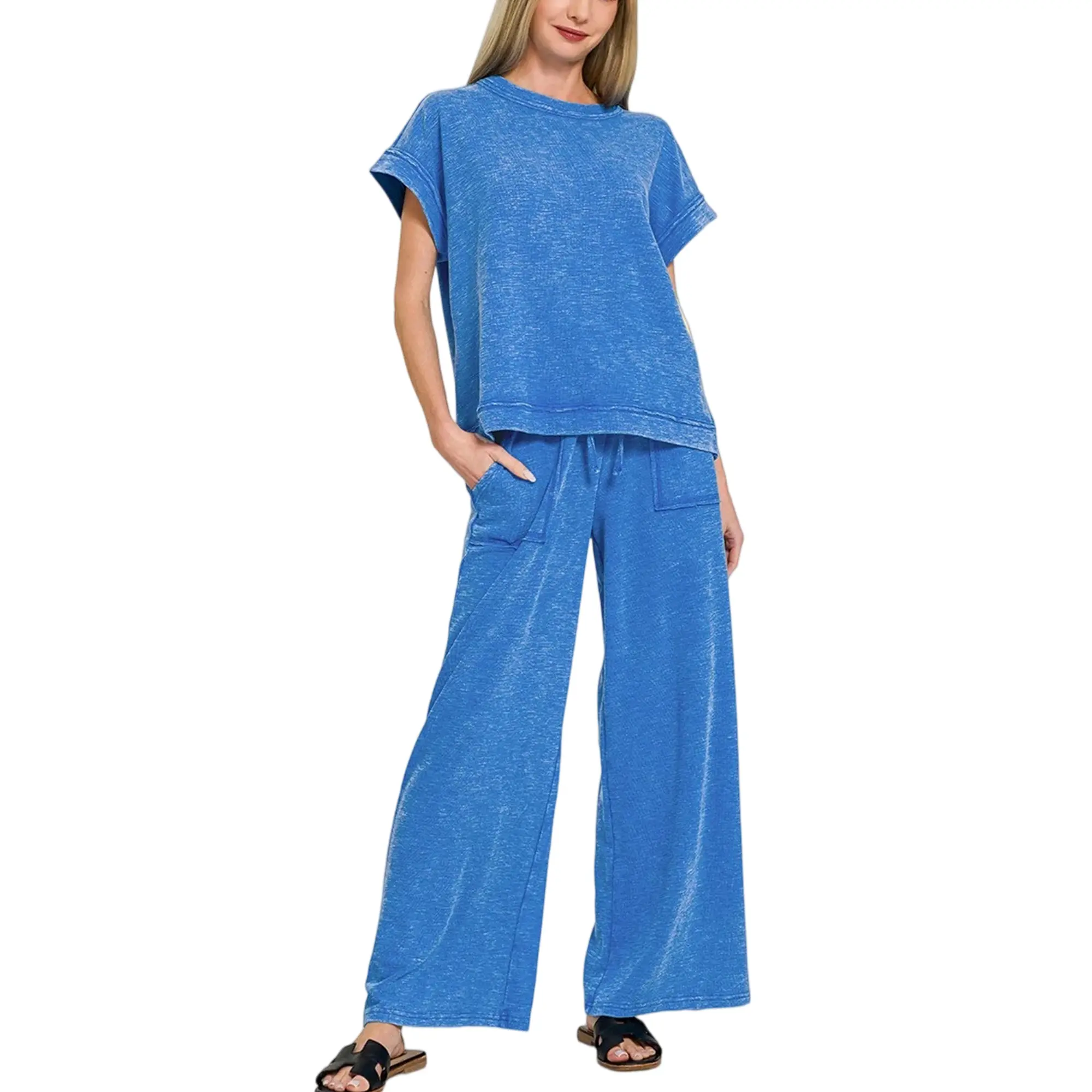 Songling Women Two Piece Casual Set Acid Washed Brushed Short Sleeve Shirt Wide Leg Trousers Matching Travel Tracksuit Outfit