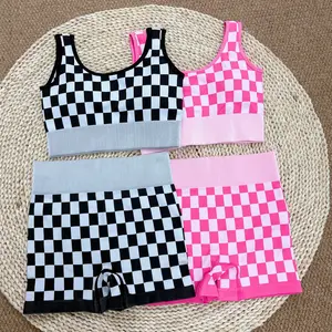 Women Pink Black Checked 2pcs Yoga Summer Active Wear Sports Sets