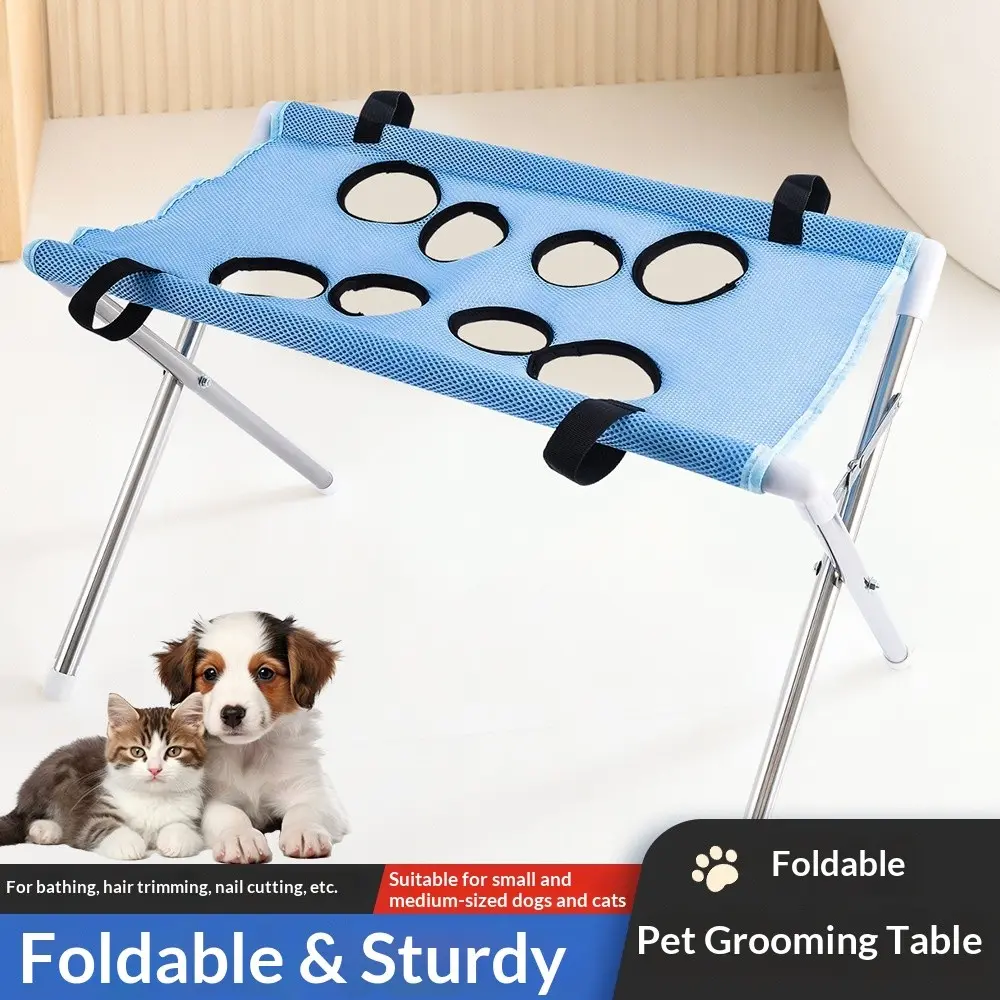 Foldable Pet Grooming Table Hammock, Grooming Accessories, for Small Dogs, Cats & Kitten, Breathable Mesh Non-Slip Restraint Stand, Portable Stainless Steel Bracket, Easy-Clean Quick-Dry Design for Nail Trimming, Bathing, Space-Saving Home Grooming