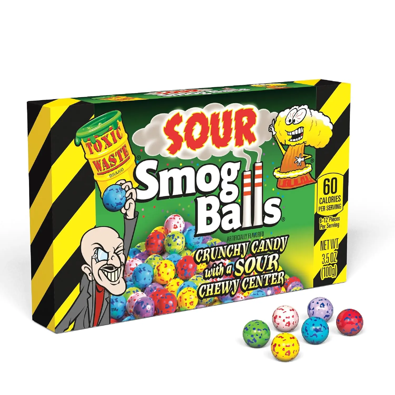 TOXIC WASTE - Sour Smog Balls - Crunchy & Chewy Sour Balls - Lime, Cherry, Strawberry, Lemon, Blue Raspberry, & Grape Flavors - 3.5 oz. Theatre Box