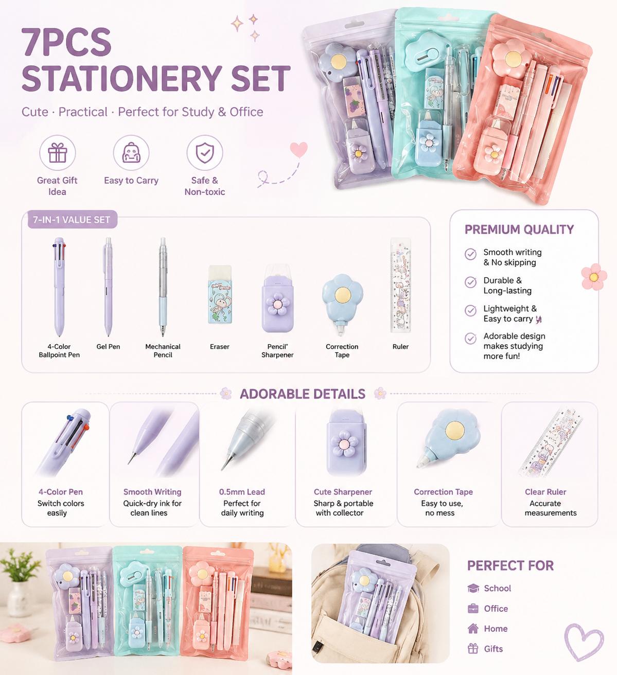 7-Piece Cute Pink Study Stationery Set — Mini Office Supplies Kit including a Ballpoint Pen, Pencil Sharpener, Highlighter, Correction Tape, Ruler, and Utility Knife — A Charming Stationery Gift Set Clip