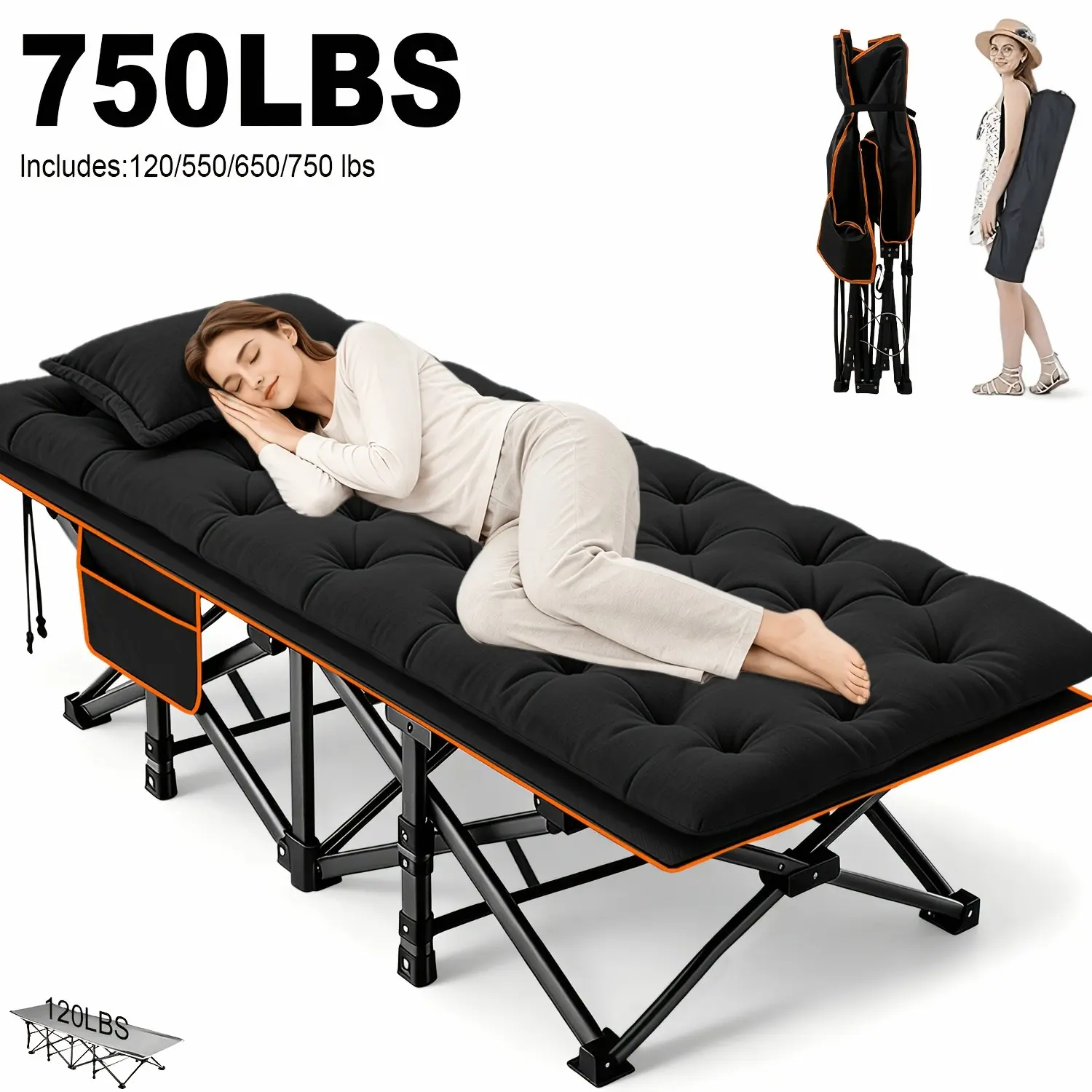 [Comfortable Folding Bed] 77/75/73/59In Thick Oversized Folding Bed, Including Mattress, Can Be Used As Camping Bed, Portable Bed, Sofa Bed, Guest Bed, with a Load Capacity of 120/550/650/750Lbs, Suitable for Gardens, Balconies, Outdoors