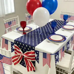 Independence Day Linen Table Runner, American Striped Printed, Stain-Resistant Long Decor for Dining Room, Outdoor Party