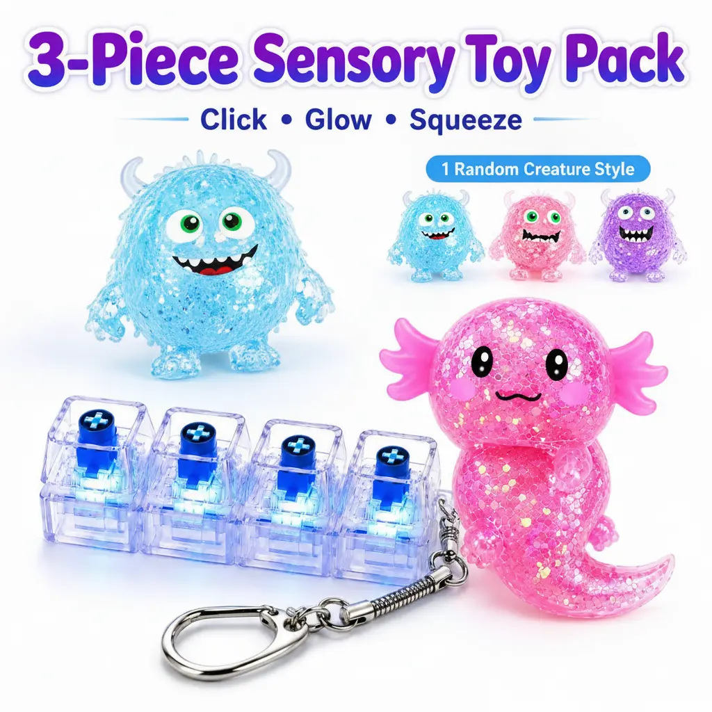 Stress Relief 3-Piece Fidget Toy Bundle - Light-Up Fidget Keyboard Clicker Keychain, Axolotl Glitter Squishy, Random Monster Squishy, Ages 6+