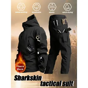 Men's Windproof & Waterproof Military Tactical 2-Piece Set for Fall & Winter, Hooded Jacket & Multi-Pocket Pants, Fleece-Lined Outfit, Suitable for Hiking, Camping, Skiing and Casual Wear
