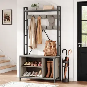 GARVEE Hall Tree with Bench and Coat Rack, 36.4" Entryway Shoe Storage Bench with 17 Hooks, Drawers, and Top Shelf, 5-in-1 Freestanding Organizer for Entryway, Mudroom, Foyer, Grey
