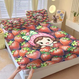Strawberry Sweetheart Fitted Sheet Set & 2 Pillowcases, 3D Strawberry Full Print & Q-Version Cartoon Girl Design, Soft Anti-Slip Wrinkle-Resistant, Sweet Healing Style Girl's Room Kids Room Decor, Gift Choice