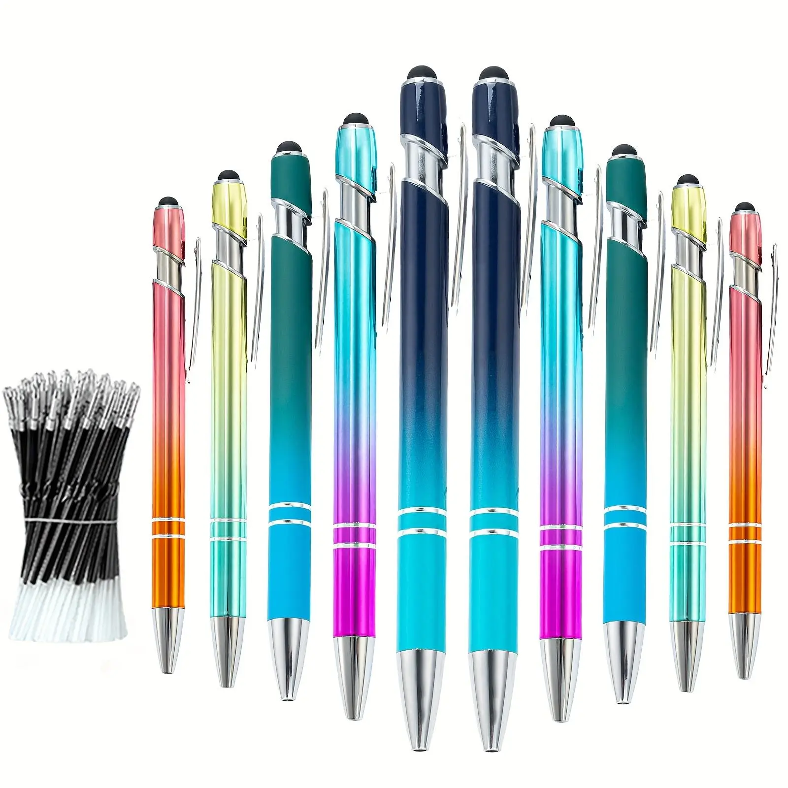10 Set Metal Ballpoint Pens with Stylus Tip Retractable with 50 Pen Refills Black Ink for  School Office Gifts