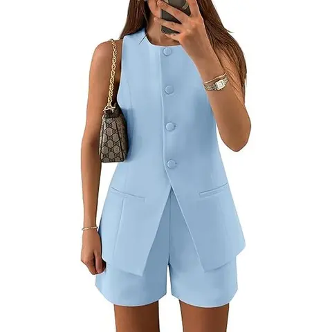ZESICA Women's Classic Iron-Smooth Look 2-Piece Short Sets, 2026 Summer Polyester Solid Sleeveless Crew Neck Button-Front Vest & High Waist Shorts, Work-to-Wedding Layering Combo Women 2 Piece Sets Business Outfits