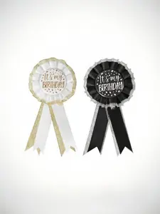 "My Birthday" Brooch and Pin Accessory Set, Button-Up Clothing Pins and Medal Ribbon Badges, Unisex, Party Decorations, Black and White Celebration Supplies