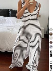 women's striped print jumpsuit, loose casual comfy loose sleeveless jumpsuit for spring & fall, women's jumpsuit for daily wear, womenswear, casual fitted jumpsuit, straight leg jumpsuit