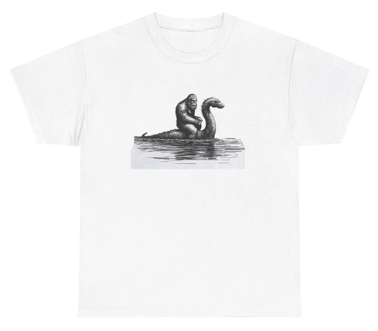 Bigfoot Riding Lochness Monster T Shirt Funny Mythical Creature Sasquatch Tee