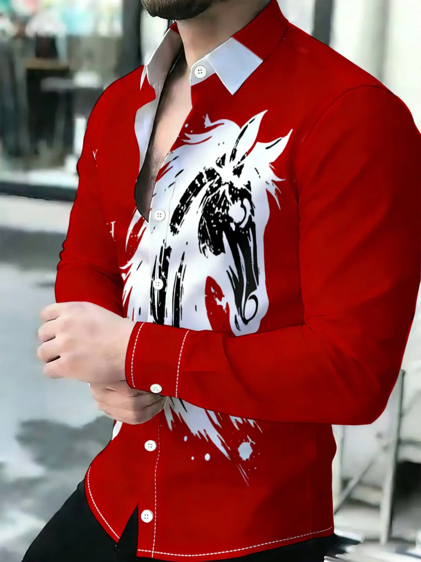 Men's Red Ink Style Horse Head Print Art Print All Over Printed Cool Streetwear Shirt Breathable Lapel Long Sleeve Cardigan
