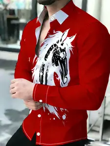 Men's Red Ink Style Horse Head Print Breathable Lapel Long Sleeve Cardigan