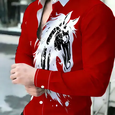 Men's Red Ink Style Horse Head Print Art Print All Over Printed Cool Streetwear Casual Unique Design Breathable Lapel Long Sleeve Cardigan