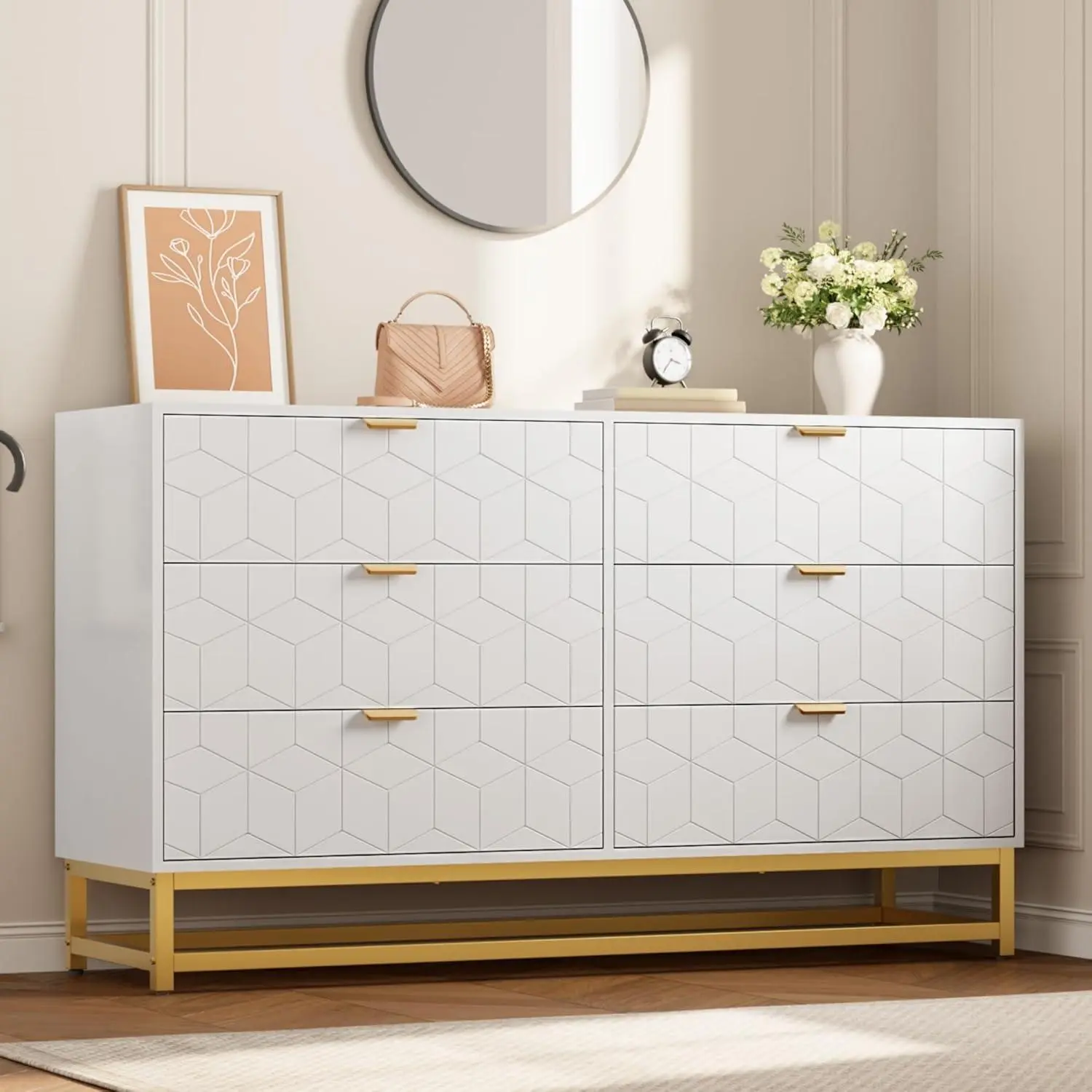 Gaomon 53.5x15.8x31.5" Glam Sturdy Modern 6-Drawer Carved Pattern Wooden Dresser - Clothing Storage Cabinet, Waterproof Engineered Wood Chest with Gold Metal Legs, Handles, Base, Assembly Required for Bedroom, Entryway