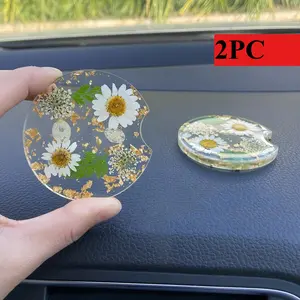 Flower Pattern Car Coaster, 2pcs Round Anti-slip Car Cup Holder Coaster, Car Interior Decoration Accessories for Women & Girls