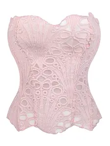 TikTok Viral Pink Mermaid Core Corset, Scalloped Edge Lace Eyelet Hollow Out Boned Bustier Underwear for Bachelorette Music Festival