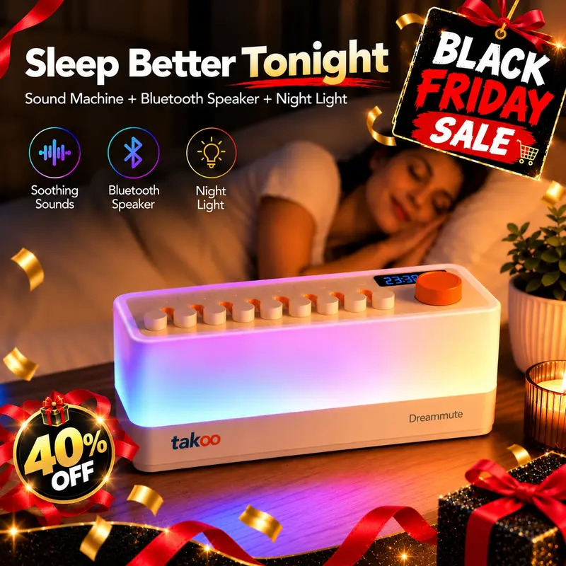 TAKOO 3-in-1 Multifunctional Desktop Sound Machine - Rechargeable Stereo Speaker, Bluetooth Speakers, White Noise Machine with 8 Mixable Sounds, 11 Light Modes, Adjustable 30-Level Night Light, USB-C Charging, ABS Build for Nursery Sleep