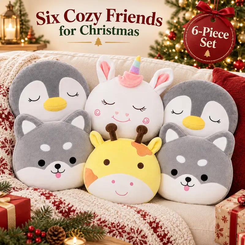 6 PCS Mini Animal Pillow Set Christmas Gift for Kids 12 Inch Soft Stuffed Animal Cushions Corgi Pig Penguin Husky Giraffe Cat Cute Kawaii Throw Pillows Perfect Christmas Morning Gift & Holiday Party Favors for Kids Toddlers, Cute Nursery Couch Decor fam
