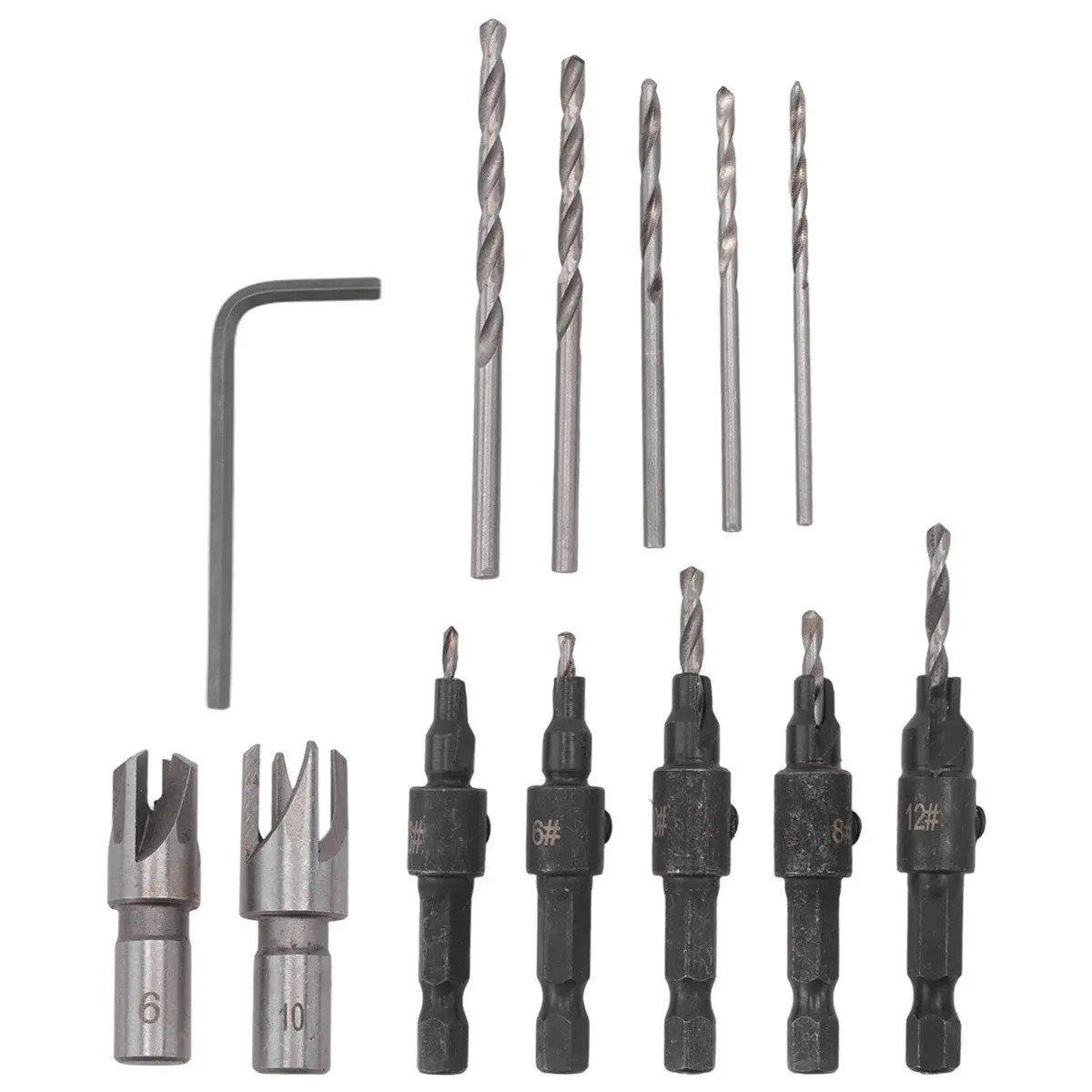 Adjustable Multi-Size Carbon Steel Countersink Drill Bit Set, 1/4 in Hex Shank 82-Degree Tools for #4/#12 Screws Flush Holes, Plug Cutter for Wood Drilling Holes in DIY Home Supplies Projects