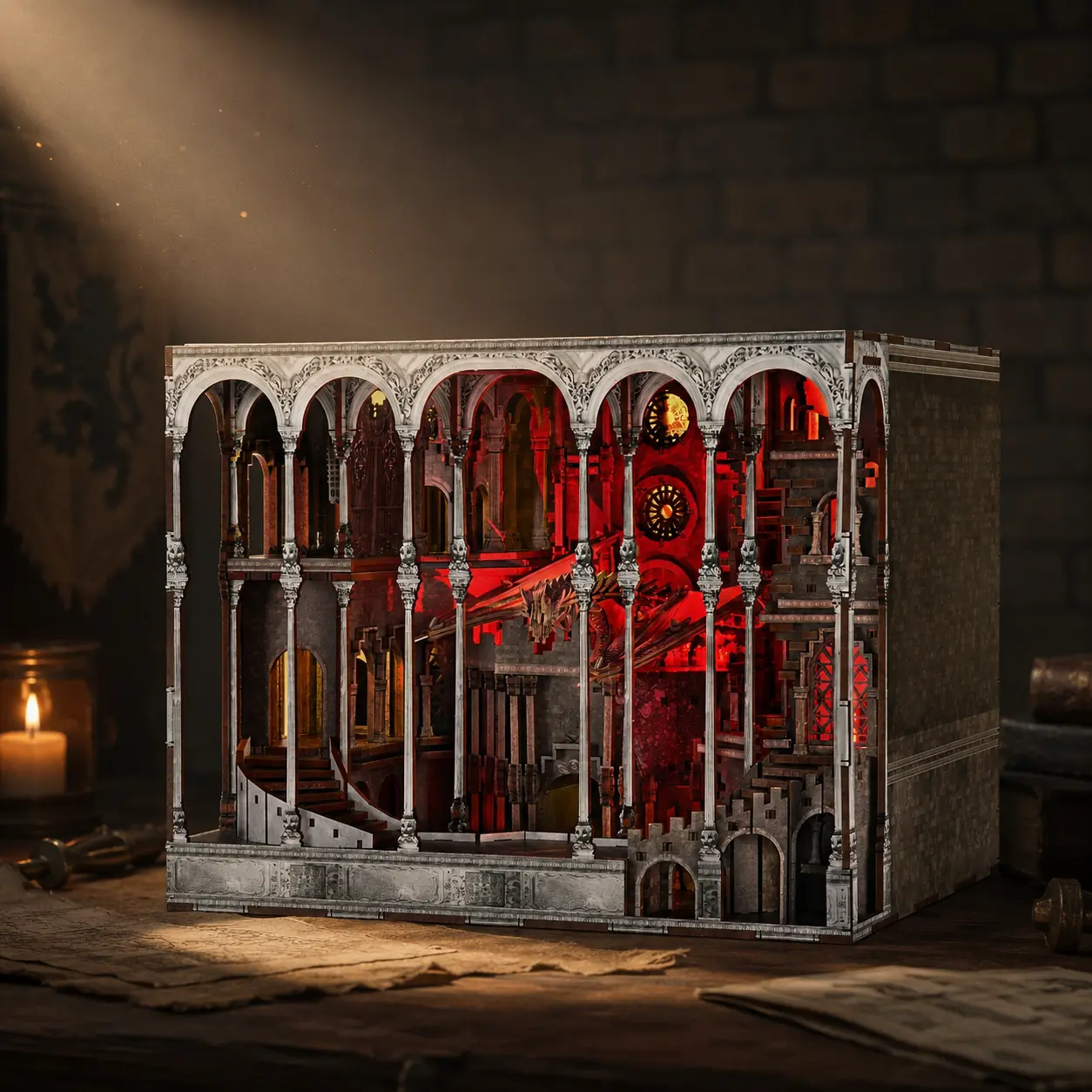 MiniCity Ember Castle DIY Book Nook Kit, Wooden Book Nook，Medieval Dragon Castle Miniature House Kit with LED Light, 3D Wooden Puzzle Bookshelf Insert, Fantasy Castle Decor Gift for Adults