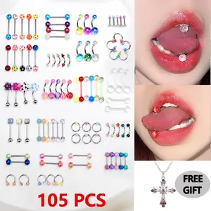106-Piece Mixed Body Piercing Jewelry Set, featuring belly rings, tongue bars, lip rings, horseshoe rings and more in stainless steel, acrylic, glitter, dice, clear and other styles, with a delicate pendant as a free gift.