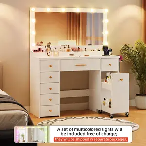 LAKEMID Large Mirror Vanity with LED Lighting, featuring 12 Hollywood-style bulbs and three-color adjustable lighting (comes with a set of colored string lights). 7-drawer vanity with pull-out storage, bedroom vanity, white