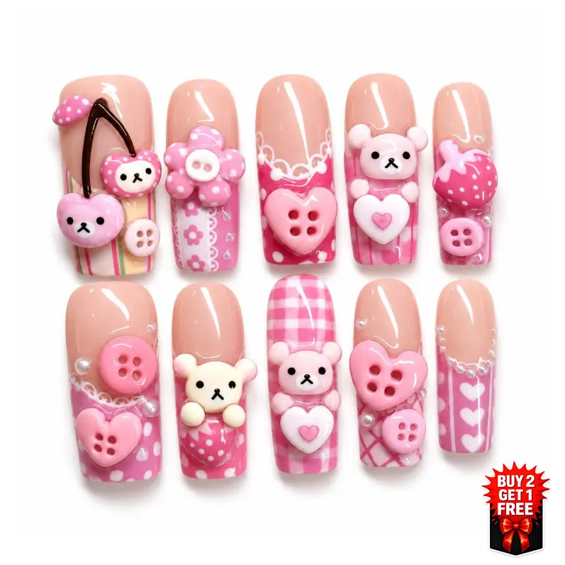 [BUY 2 GET 1 FREE] Handmade Kawaii Pink Bear Press On Nails | Luxury 3D Heart and Strawberry Long Square False Nails | Reusable Baby Cute Nail Set With Tool Kit, Holiday Gifts