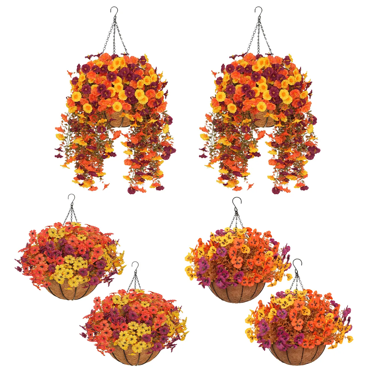 2Pcs Artificial Hanging Flower Baskets for Fall/Autumn, UV Resistant Daisies/Pansies/Trailing Morning Glories Arrangement, No Maintenance Fall Decor for Porch Patio Balcony Yard
