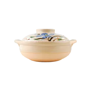 Japanese Ceramic Donabe Pot - High Heat Resistant Casserole Dish for Stews & Soups, 72oz Deep Clay Cooker, Blue Kikyō Pattern, 10x6", Made in Japan