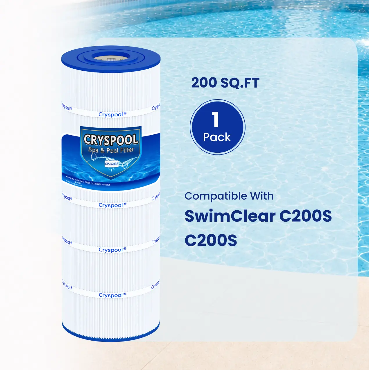 C200S Pool Filter, Compatible with SwimClear C200S, Replace CX200XRE, CS200E, Pleatco PA200S, Unicel C-9442, Cryspool Pool Cartridge,  200 Sqft, 1 Pack, Pool Accessory, Pool Cleaning Filters, Pumps & Accessories