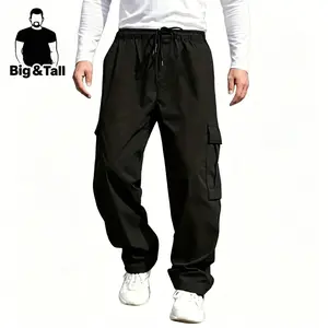 Plus-size men’s fashion cargo pants with a sporty style, adjustable drawstring waistband, multiple pockets, solid color minimalist design, versatile casual long pants suitable for all seasons, ideal for everyday wear and outdoor activities.