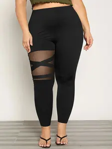 Plus Size Women's Mesh Patchwork Yoga Pants, High Waist Tight Fit Workout Leggings, High Stretch Outerwear Running Sports Long Pants, High Waisted Leggings
