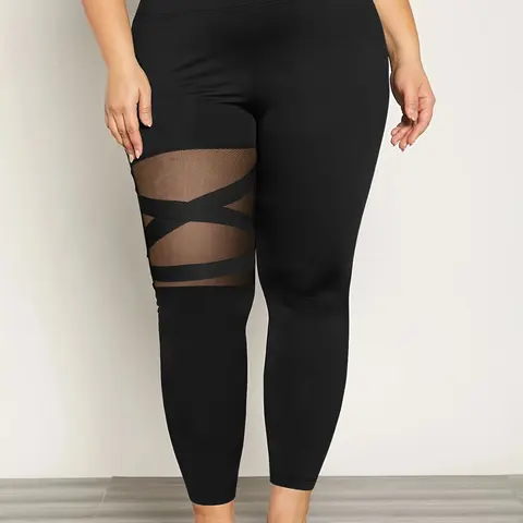 Plus Size Women's Mesh Patchwork Fitness Yoga Pants, High Waist Activewear Stretchy Tight Fit Workout Leggings, High Stretch Outerwear Running Sports Long Pants, High Waisted Leggings