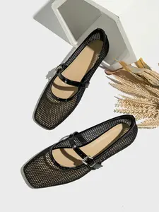 Summer Breathable Women's Flat Sandals with Square Toe Lightweight Comfort Mary Jane Ballet Shoes Casual Hollow Design for Stylish Look - Soft