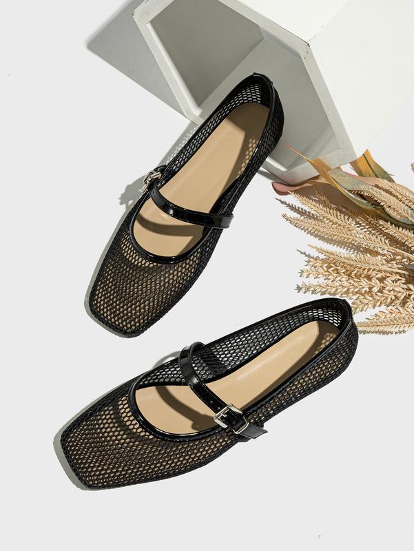 Summer Breathable Women's Flat Sandals with Square Toe Lightweight Comfort Mary Jane Ballet Shoes Casual Hollow Design for Stylish Look - Soft