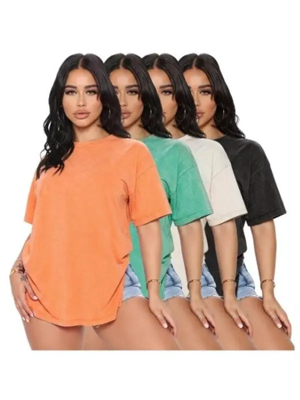 Women’s 4-pack loose solid-color short-sleeve T-shirts, distressed wash, versatile crew neck casual tops suitable for everyday outings and outdoor sports.Unisex