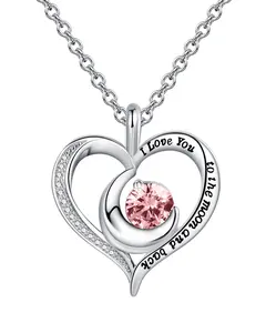 Birthstone Necklace for Women I Love You To The Moon And Back Heart Pendant Necklace Mothers Day Valentines Birthday Christmas jewelry Gifts for Her Mom Wife Girlfriend