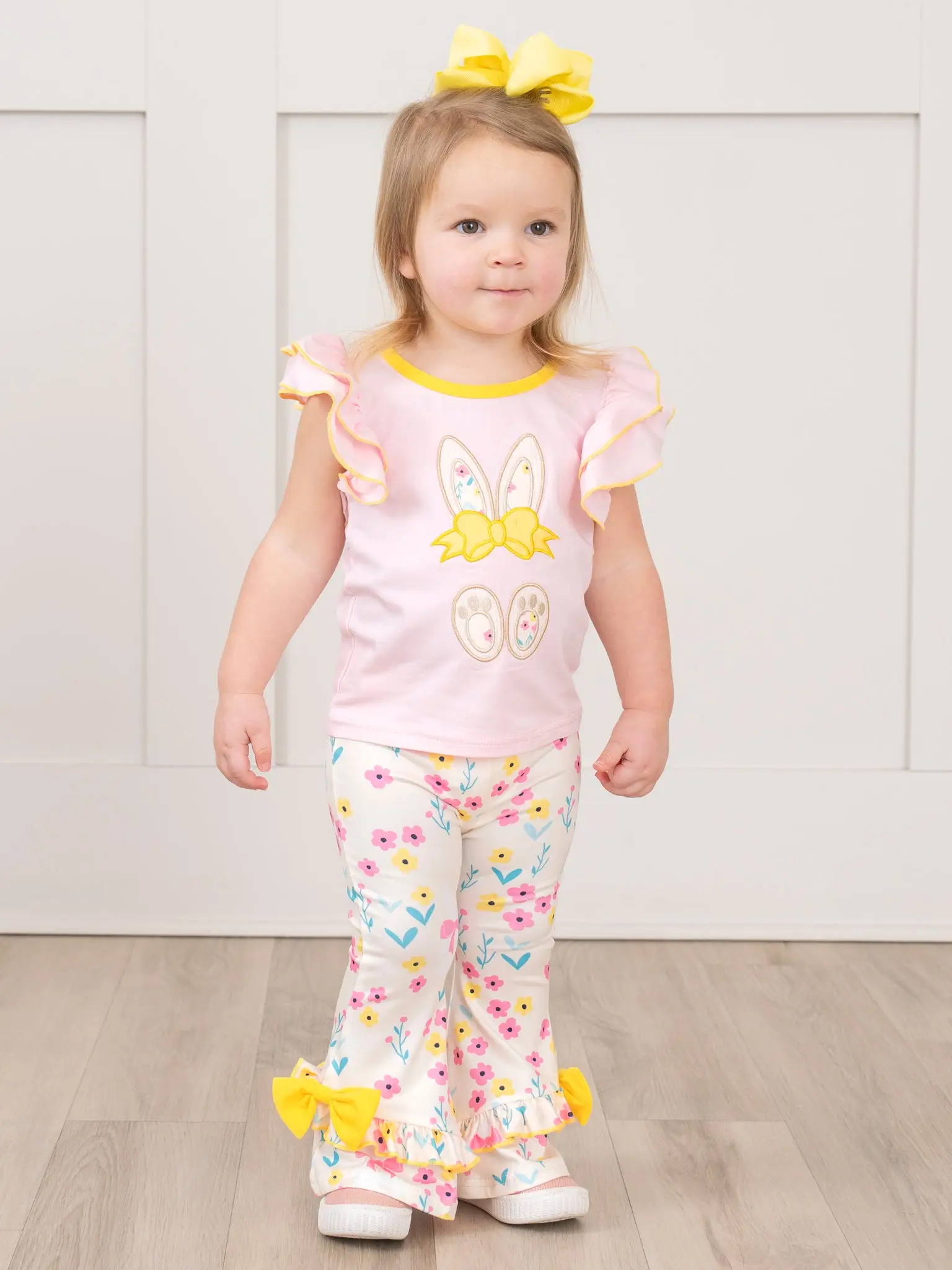 Pink & Yellow Embroidered Floral Bunny Ruffle Outfit