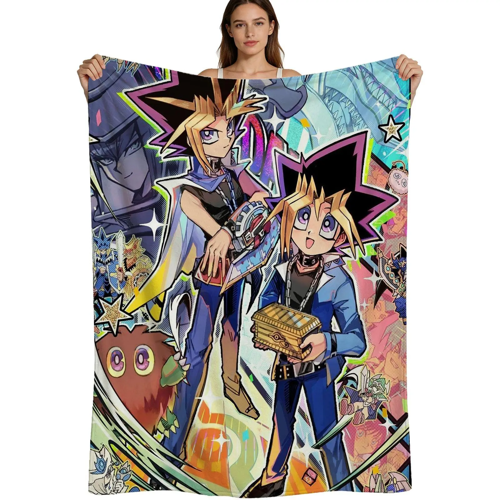 Yu-Gi-Oh Anime Style, Warm Flannel Blanket, Yugi Muto And Dark Magician Girl Collage Pattern, Soft Fleece Fabric With Vibrant Digital Print, For Fans Bedroom Or Living Room Decor, 4 Sizes Available Single Pack