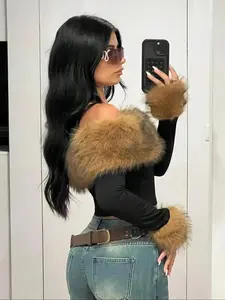 Women's Fluffy Collar Spliced Shoulder Long Sleeve T Shirt Fashion Elegant Casual Top for Fall Winter Layering, Everyday, Street Style, Simple Style, Weekend Wear, Daily Wear, Wardrobe Essential, Effortless Style
