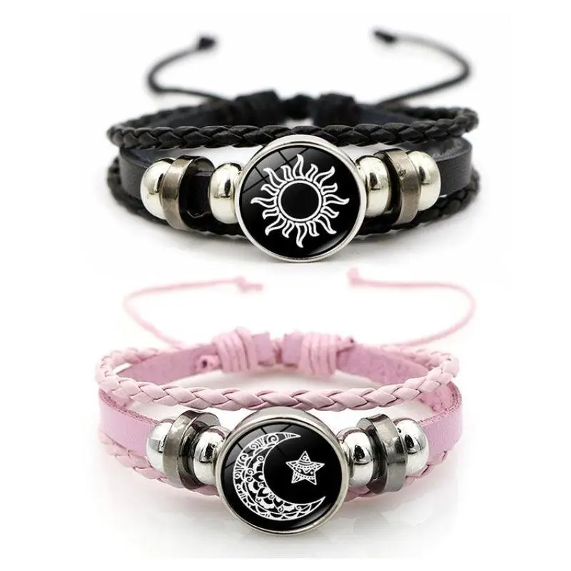 Sun & Moon Lovers Leather Bracelet Vintage Punk Multi-Layer Beaded Woven Design Couple Gift with PU Leather and Glass Accents