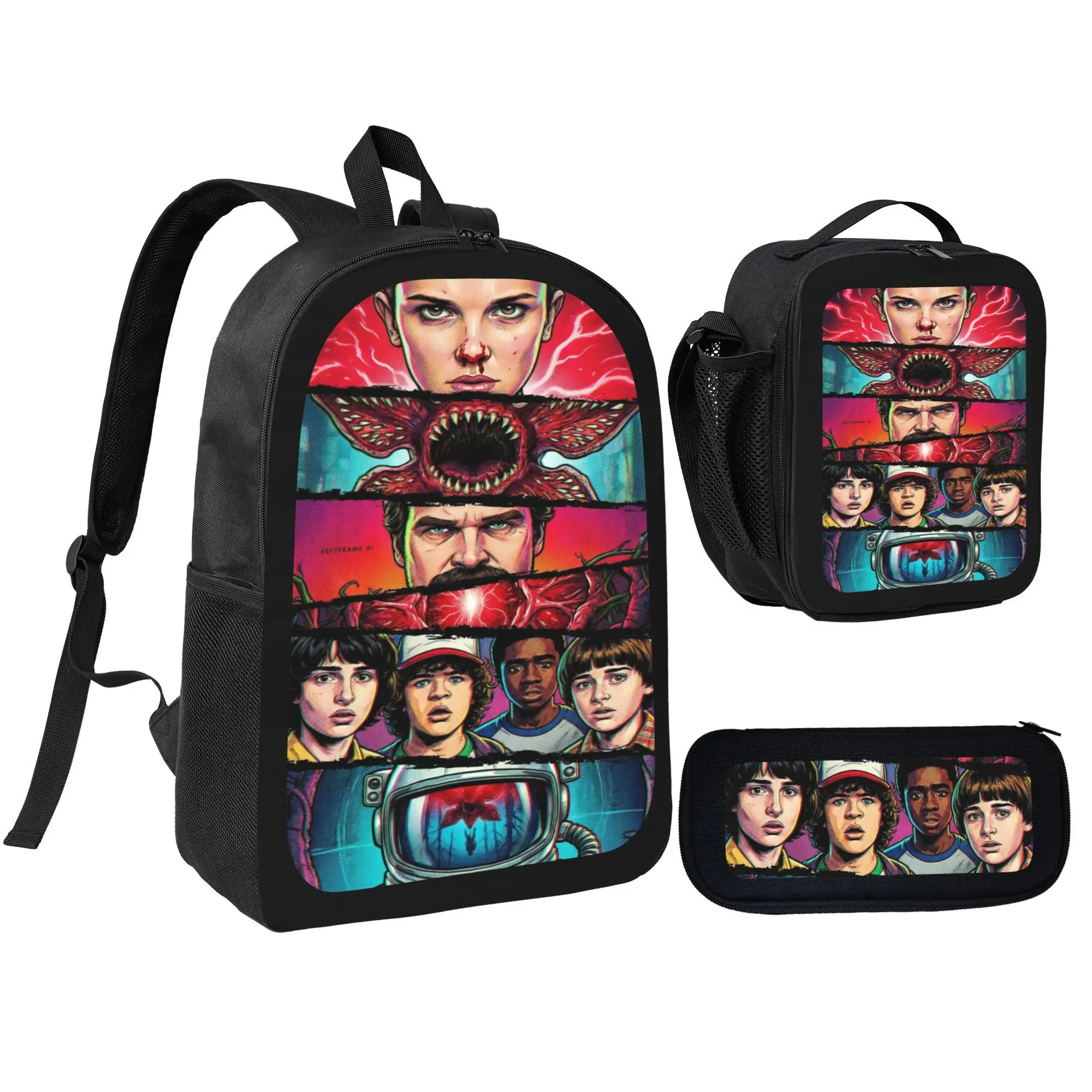 Stranger Things Netflix Collaboration 3-Piece Oxford Poly Unisex Backpack Set Pack - Retro Sci-Fi Scifi Art School/Travel Backpack, Pencil Case, Lunch Bag Stationery Set